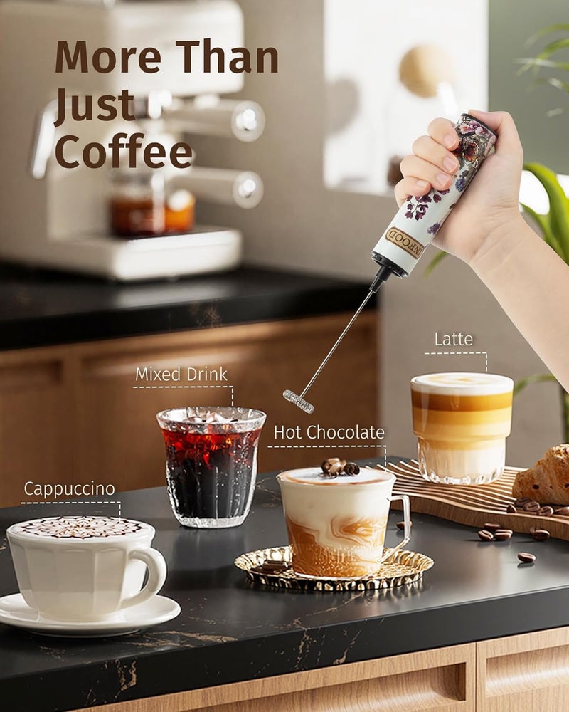 INFOOD Milk Frother Rechargeable with Cover - Coffee Frother Wand, Drink Mixer Handheld with 2 Detachable Stainless Whisks 2 Speed Adjustable for Latte, Cappuccino, Hot Chocolate, Egg, White Floral - Image 4